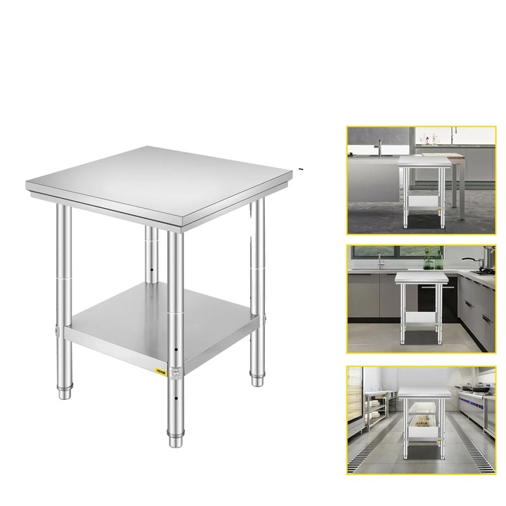 Masa, inox, 24x24x32 inch, argintiu, raft ajustabil