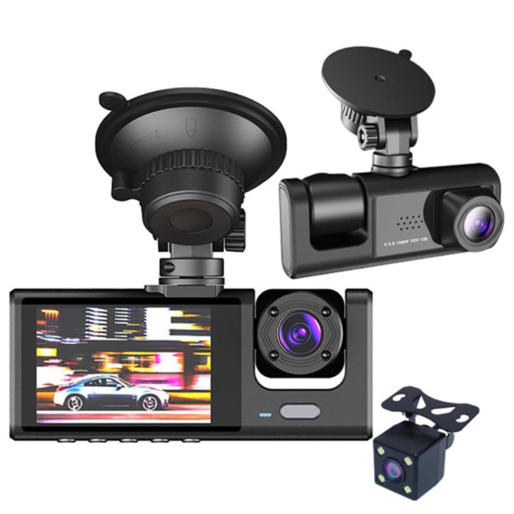 Автомобилна камера Dashcam 3-канален DVR PRO Full HD 1080P, 3 лещи, 170° широкоъгълен, паркинг мониторинг, WDR технология, нощно виждане, сензор за движение, USB-C, черен