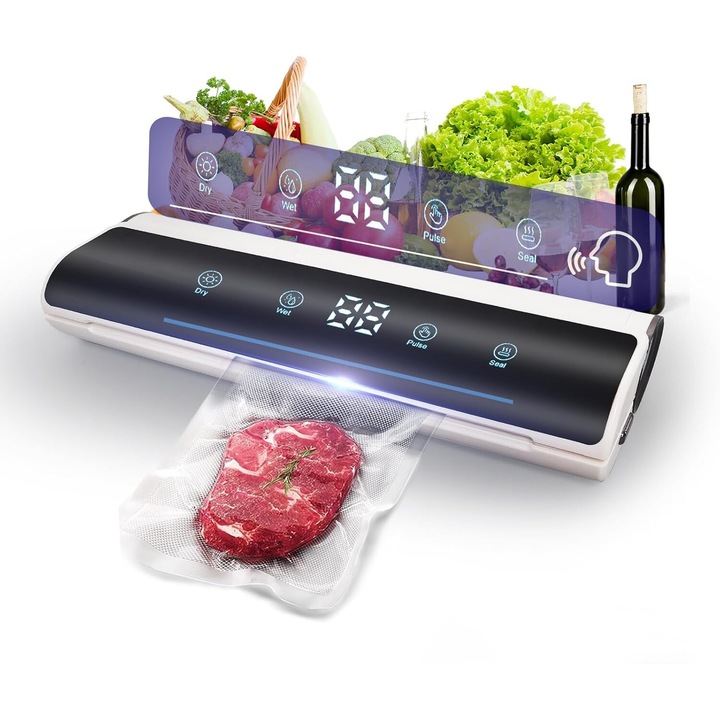 Уред за вакуумиране VINTOP Vacuum and Food Sealer, Дигитален дисплей и гласови инструкции, сензорни екрани, сухи и мокри модули, контролен панел, вграден нож, бял