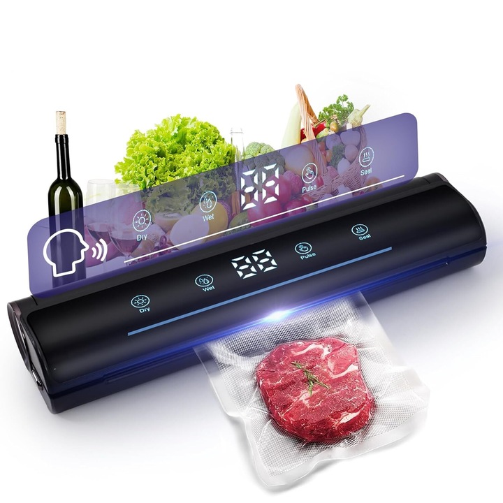 VINTOP porszívó és étellezáró, digitális kijelző és hangos utasítások, érintőképernyők, száraz és nedves modulok, kezelőpanel, tömlő rakott porszívózáshoz, beépített vágó, fekete