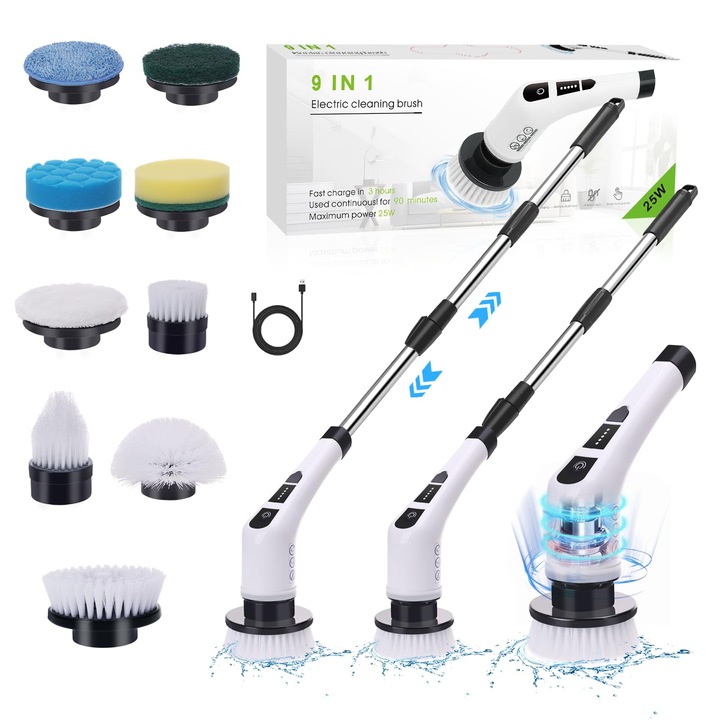 Perie electrica de curatare rotativa, perie electrica de curatare fara fir, cu 9 capete de periere inlocuibile, masina de spalat electric cu 2 trepte, cu maner reglabil si detasabil, potrivita pentru bai, bucatarii, cazi de baie, podele si masini