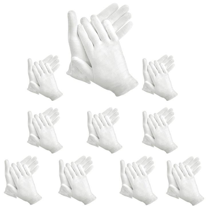 Комплект от 10 чифта предпазни ръкавици за работа, Hggzeg, M, Меки и еластични, Удобни и дишащи, Намалява триенето, За проверка на бижута, хидратация, артистична манипулация, Памук/полиестер, Бели