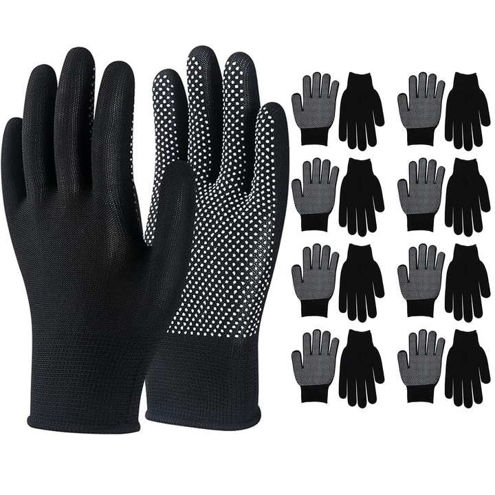 Set 12 perechi manusi protectia muncii, Hggzeg, Manusi de protectie, Cu puncte anti-alunecare, Usoare si respirabile, Moale si elastic, Pentru incarcarea si descarcarea, triere, plantat, plivit, Nailon, Negru, Marime universala