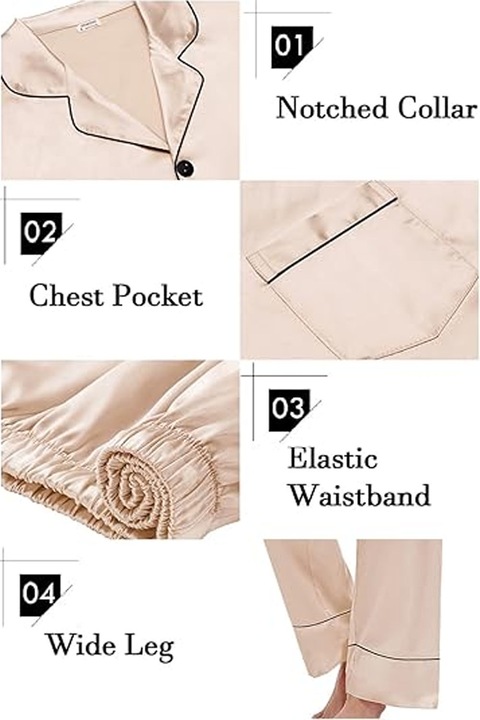 Pijama Dama Satin, SINBINTA, Design cu rever, Model cu nasturi si buzunar la piept, Usor de pus si scos, Bluza cu maneca lunga si pantaloni lungi, Aspect Elegant, Placuta la atingere, Casual, Respirabil, Poliester, Champagne Gold