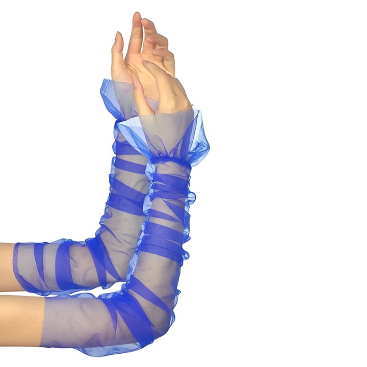 Manusi lungi de mireasa din tul transparent, Tyrael-SEA, albastru regal, 55cm, marime universala