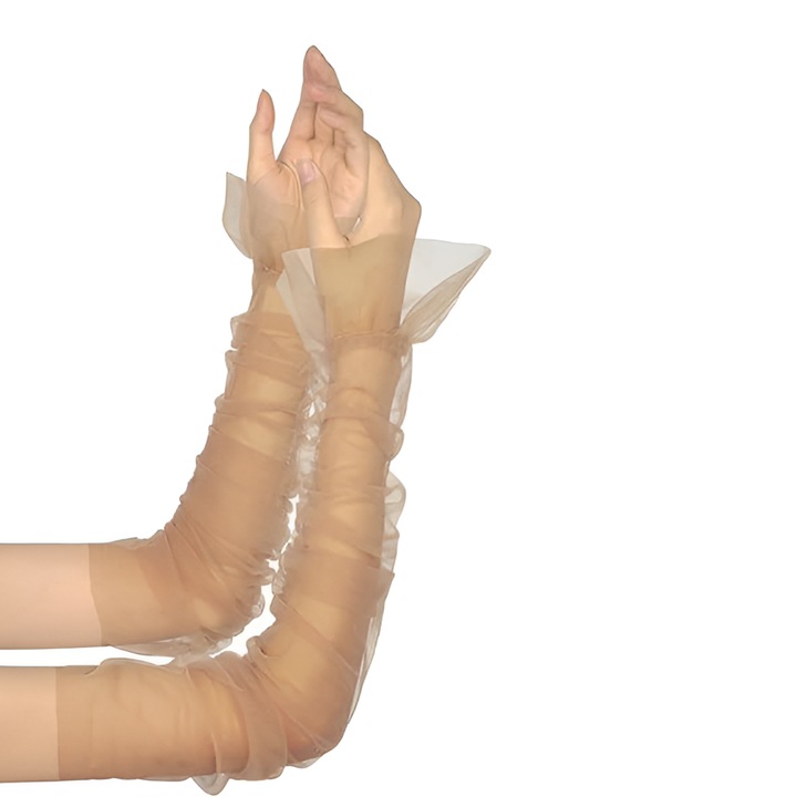 Manusi dama, Tyrael-SEA, manusi lungi din tulle transparent, khaki, 55cm, marime universala