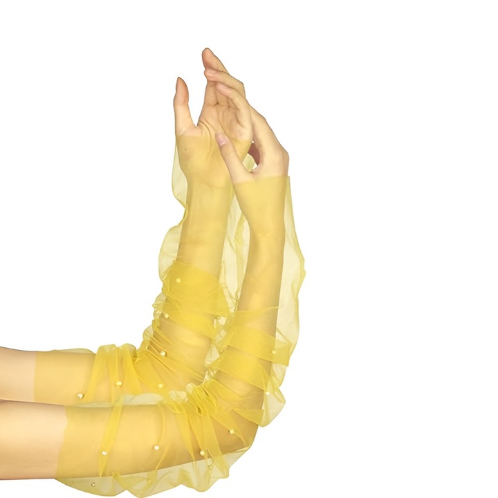 Manusi de mireasa din tulle transparent cu perle, galbene, 50cm, marime universala
