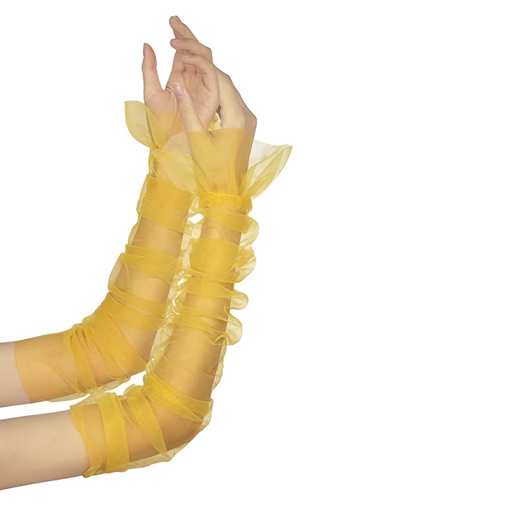 Manusi lungi de mireasa din tul transparent, galbene, 55cm, marime universala