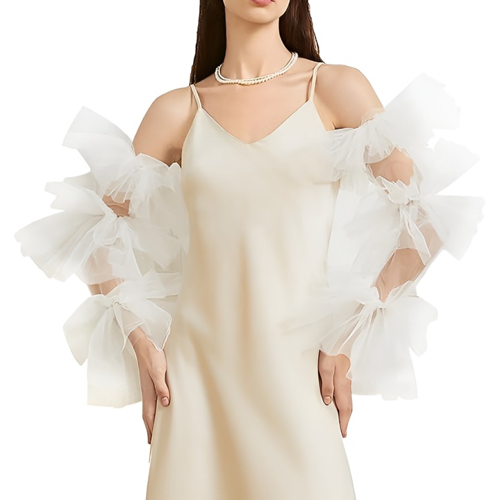 Manusi dama, Tyrael-SEA, manusi lungi din tul cu maneci lanterna, alb, 38cm, marime universala