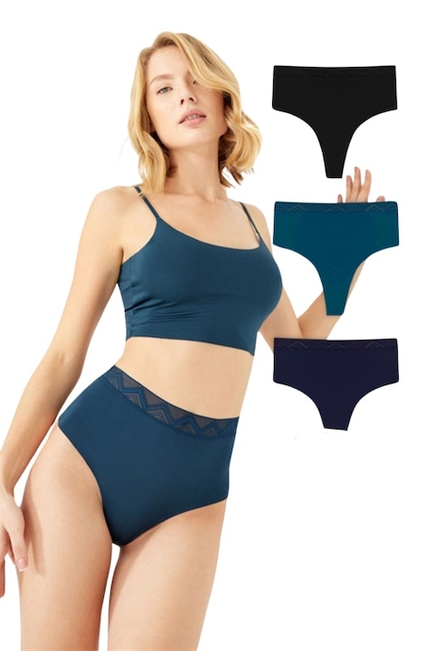 Chilot tanga cu talie inalta, Cottonhill, laser cut, dama, Negru/Albastru inchis/Bleumarin