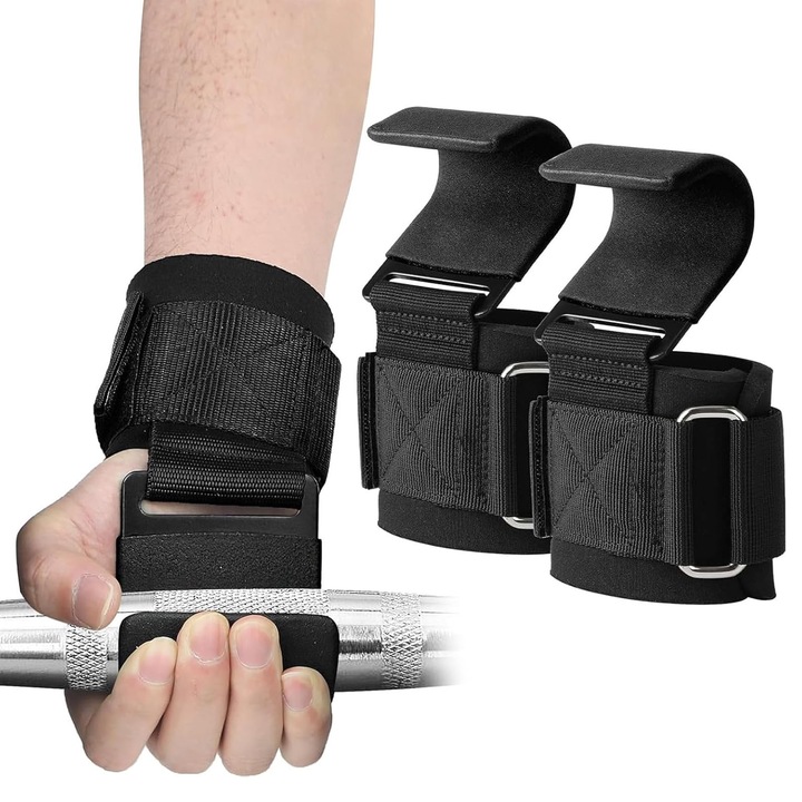 Set 2 chingi pentru ridicare greutati cu carlig, SINBINTA, Lifting hooks, Velcro, Ormare si intretinere musculatura, Anti alunecare, Nu se decoloreaza si deforma, Ajustabile, Usor de instalat, Cauciuc cloropren/Otel, 38x7cm, Negru