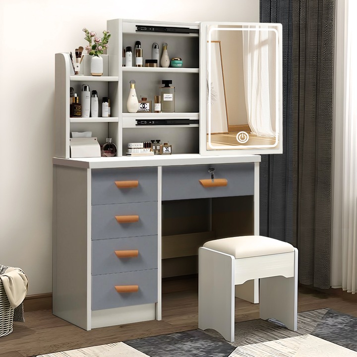 Тоалетка за грим Quietzi, 130*40*80 см, с тапицирана табуретка, с 5 чекмеджета и 6 отворени отделения, с огледало и светодиоди, три вида цвят, сензорно управление, мултифункционална, сиво/бяло