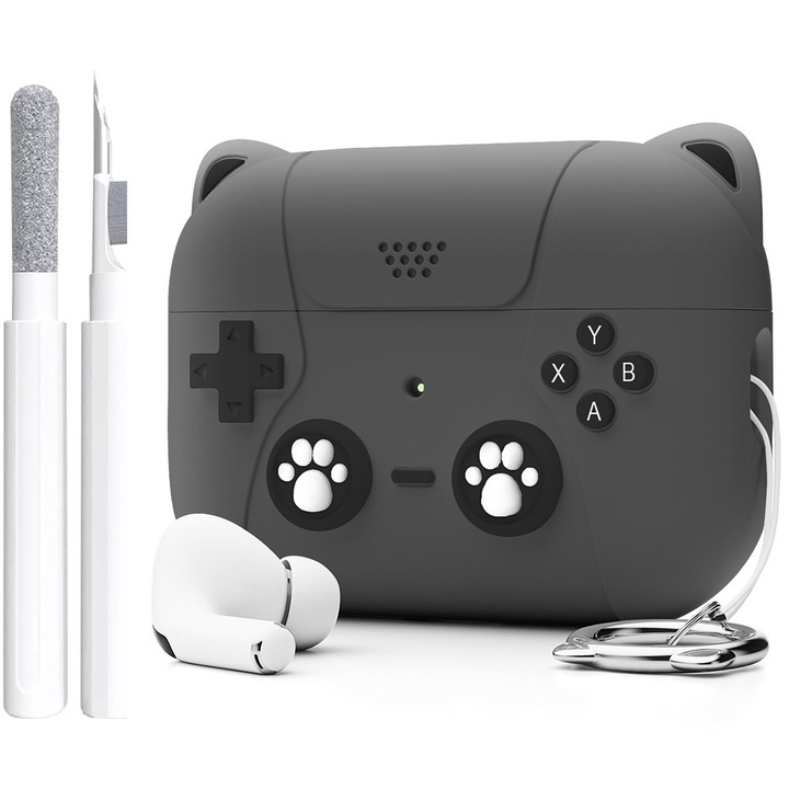 Husa pentru AirPods din silicon cu desene animate, protector moale cu breloc si kit de curatare compatibil cu husa de incarcare Apple AirPod generatia 1/2, LED frontal vizibil