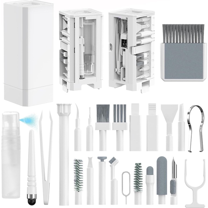 Kit Multifunctional de Curatare 32 in 1, SINBINTA, Kit de curatare portabil pentru telefon, Cu cutie de depozitare, lichid de curatare si pulverizator, Usor de utilizat si de depozitat, Pentru casti, tastatura, telefon, laptop, ABS, 5.5*5.5*14.2cm, Alb