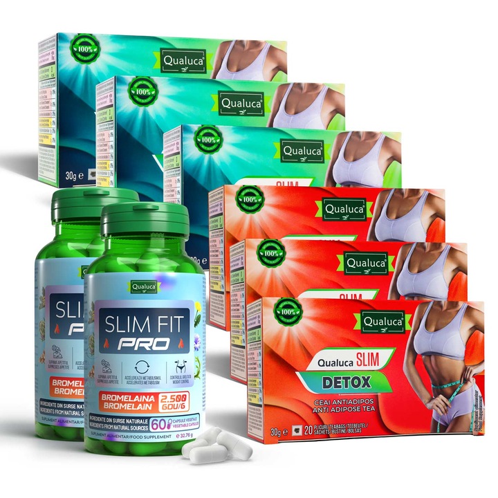 Qualuca Complex de slabit 60 zile, 120 capsule Slim Fit PRO cu Bromelaina 2500 GDU/g + 60 plicuri Slim Siluet + 60 plicuri Slim Detox, ingrediente naturale, capsule vegetale