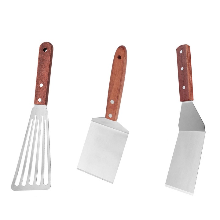 Set 3 Spatule Bucatarie, SINBINTA, Rezistenta la temperaturi ridicate, Antiaderente, Anti-coroziune, Greutate redusa, Maner ergonomic, Usor de folosit si curatat, Suspendabil, Lemn/Otel inoxidabil, 30*7.2cm/29*8cm/21*6.4cm, Argintiu
