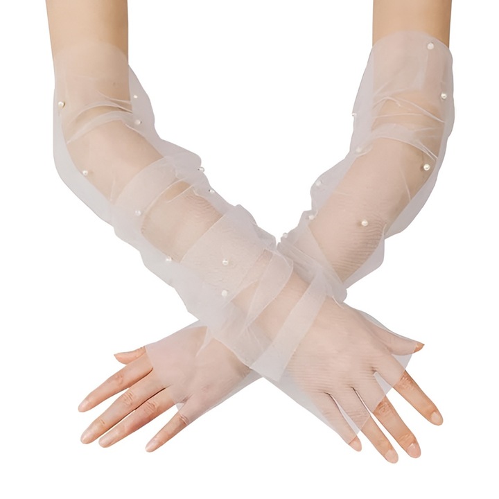 Manusi de mireasa din tulle transparent cu perle, ivory, 50cm, marime universala