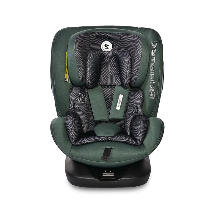 Scaun auto pentru copii, Lorelli, Phoenix, i-Size, Isofix, rotativ 360 grade, 0 luni-12 ani, 40-150 cm, pozitie de somn, protectie laterala in caz de impact, avertizare sonora cand centurile scaunului auto sunt decuplate, Green Pine
