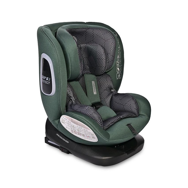 Scaun auto pentru copii, Lorelli, Phoenix, i-Size, Isofix, rotativ 360 grade, 0 luni-12 ani, 40-150 cm, pozitie de somn, protectie laterala in caz de impact, avertizare sonora cand centurile scaunului auto sunt decuplate, Green Pine