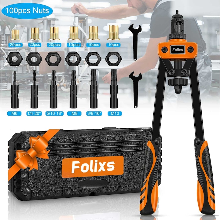 Cleste pentru piulite nituibile, Folixs®️, 14 inch, cu 6 tije interschimbabile (1/4-20, 5/16-18, 3/8-16, M6, M8, M10), 100 nituri filetate, cutie de depozitare, portocaliu