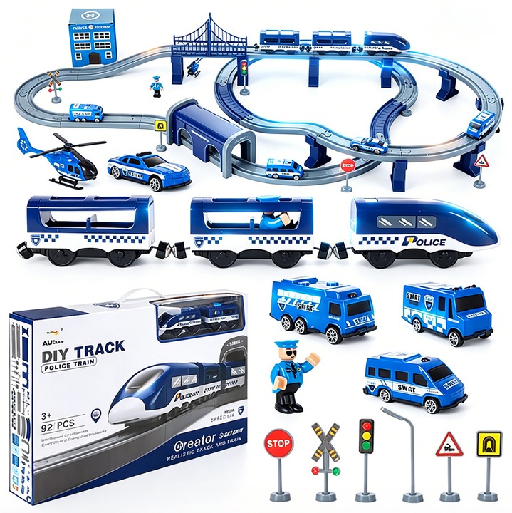 Circuit tren electric cu sunete, Yulinland, 92 piese, cu Gara si Elemente de Decor, 4 Masinute, Efecte de Sunet, Stimuleaza Imaginatia Copiilor, 3ani, Albastru