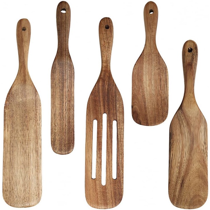 Set Ustensile De Bucatarie Din Lemn, SINBINTA, 5 spatule din lemn de pentru gatit, Termorezistente si antiaderente, Resistent la impact, Non Toxic, Usor de folosit si curatat, Suspendabil, Lemn, 5 Dimensiuni, Maron
