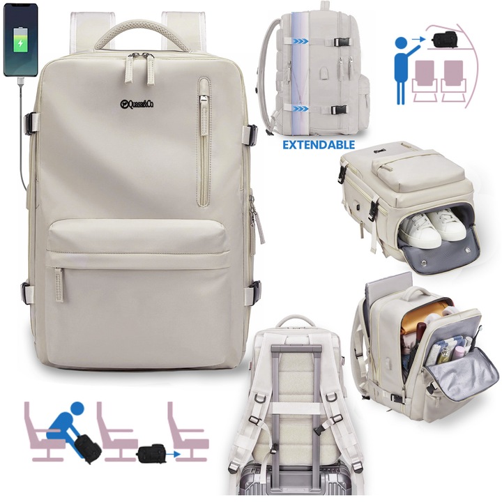 Раница Quasar & Co.®, Ръчен багаж за самолет, Мултифункционална, Разтегателна, Водоустойчива, Отделение за обувки и лаптоп, Система за закрепване към тролей, USB порт, Текстил, 43x30x20-28 см, Слонова кост