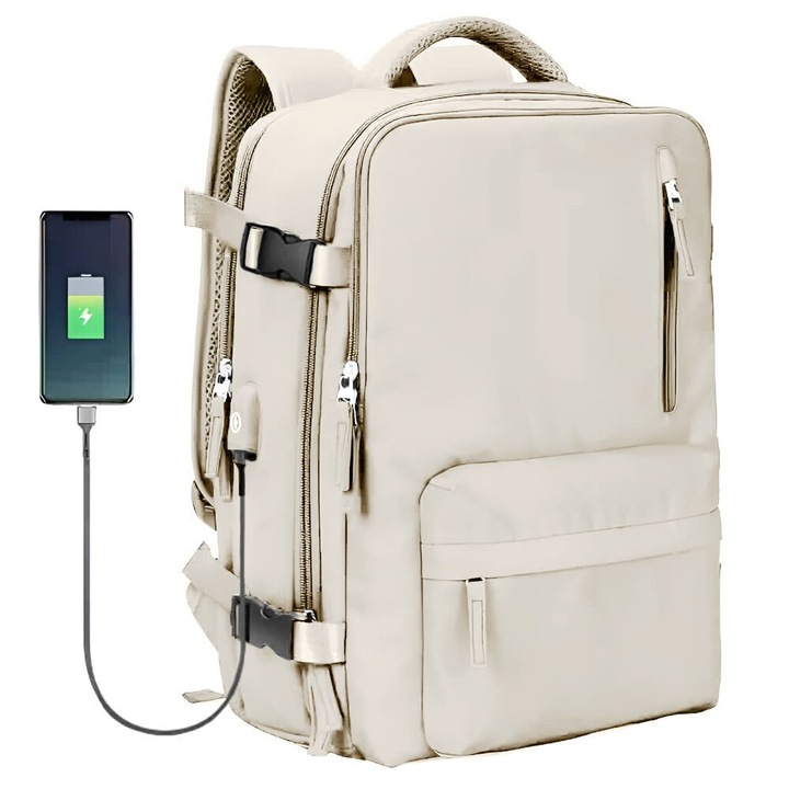 Quasar & Co. hátizsák, multifunkcionális, vízálló, cipőrekesszel, kocsi függesztő rendszerrel, USB, textil, 43x30x20 cm, Csontszín