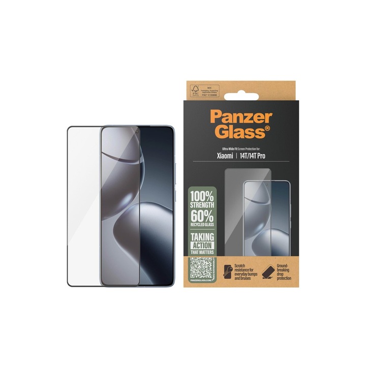 Стъклен протектор PanzerGalss за Xiaomi 14T, 14T Pro, Черен