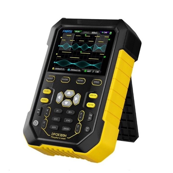 Osciloscop cu doua canale FNIRSI, DPOX180H, generator de semnal 20 MHz, afisaj fluorescent LCD, latime de banda 180 MHz, galben