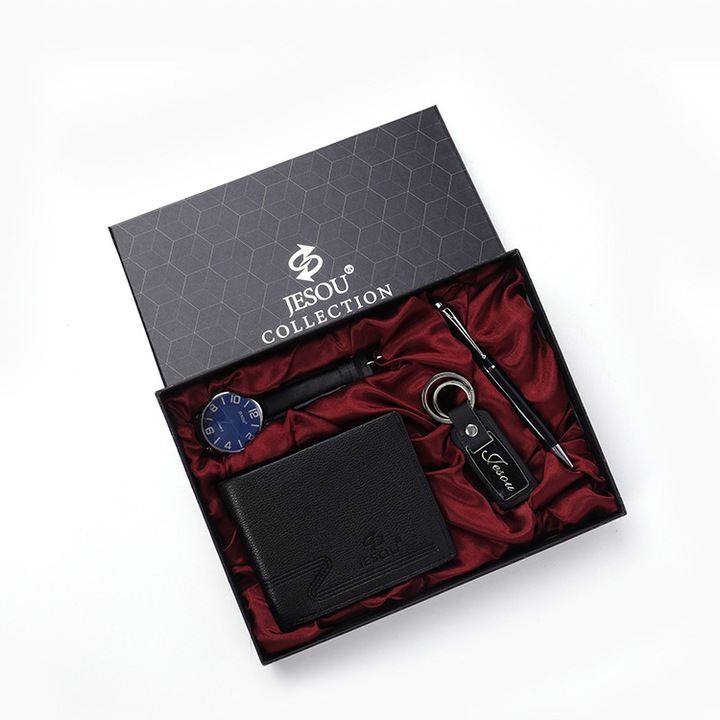 Férfi kvarcóra szett, kulcstartó, pénztárca, toll, 4 darab