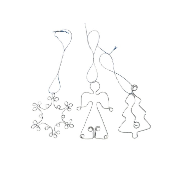 Set 3 Ornamente de Craciun, lucrate manual din fir de cupru, vopsite Argintiu