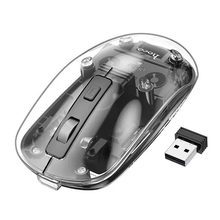 Mouse Wireless Hoco GM29, Conexiune 2.4G si Bluetooth 5.0, Design transparent, Conector USB, DPI ajustabil, Negru