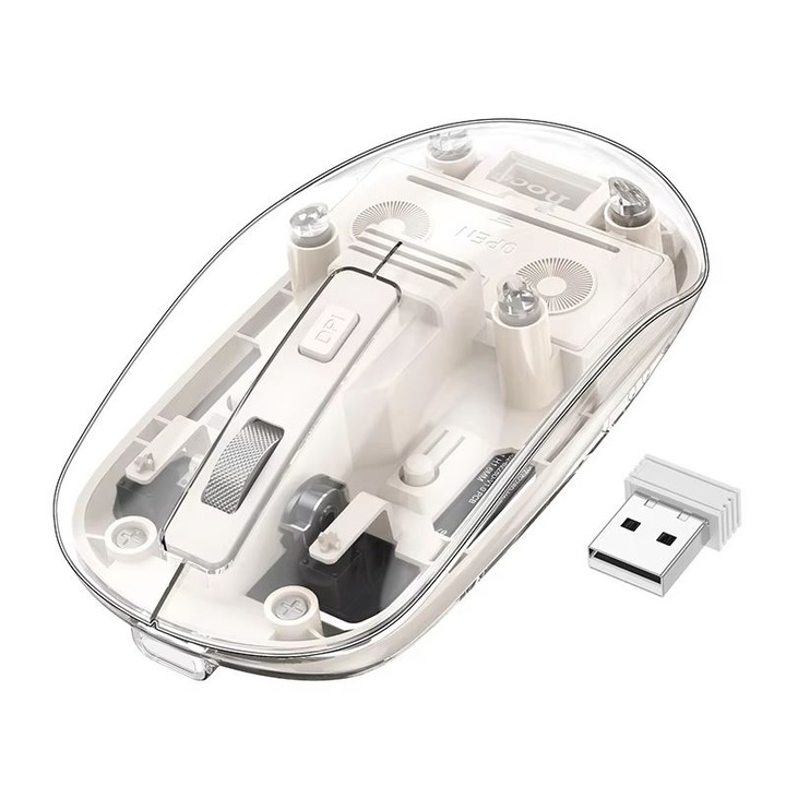 Mouse Wireless Hoco GM29, Conexiune 2.4G si Bluetooth 5.0, Design transparent, Conector USB, DPI ajustabil, Alb