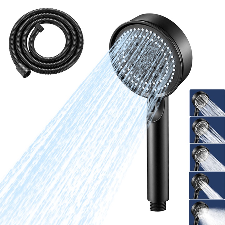 Set para de dus/furtun SMRABRV, ABS, negru, 5 moduri pulverizare, 1.5m, 22.5x8.5cm