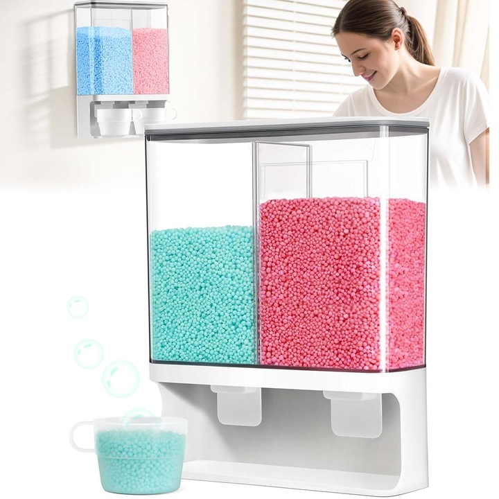 Dozator de Detergent, 2 compartimente, pentru depozitare alimente uscate, dar si a detergentului si a bilelor parfumate,, pentru Baie, Bucatarie, alb/transparent