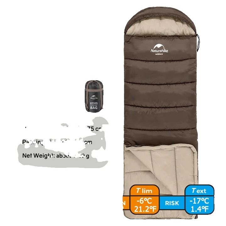 Sac de dormit Naturehike, design dublu, umplutura din bumbac, maro, 75x220cm