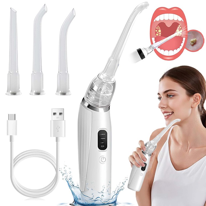 Kit pentru curatare amigdale cu aspirator electric, 3 moduri de aspiratie, pentru curatarea bucala, ingrijirea bucala, usor de folosit, fara fir, reincarcabil, design ergonomic, alb