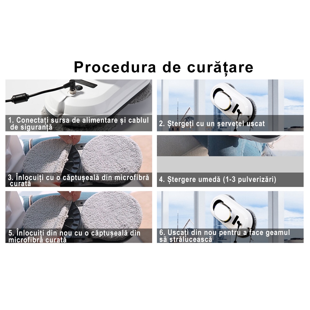 Robot curatare geamuri, Curatator automat inteligent de ferestre, curatare automata a ferestrelor, control al insectelor, 5600 Pa, alb
