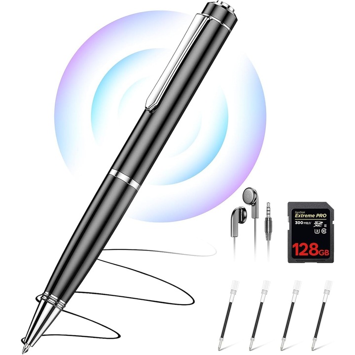 Писалка за запис, Excitat®, Mini Micro, поддържа MP3 WAV, многопосочен микрофон, USB интерфейс, поддръжка на карти с памет до 64 GB, черен