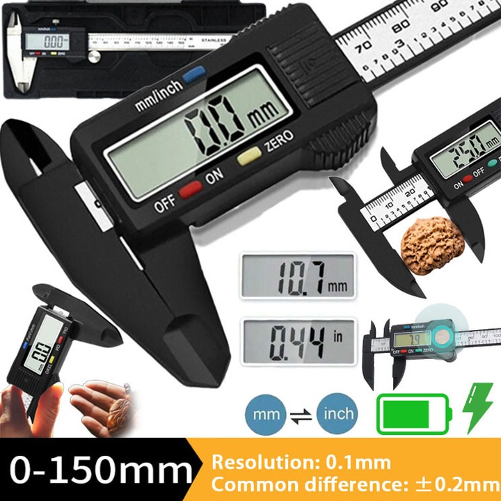 Subler electronic de precizie, EXCITAT®, Afisaj digital LCD, comutare mm/inch, domeniu de masurare 0-150 mm, 4 moduri, precizie de 0.04mm, reglare zero cu o singura tasta, functie de oprire automata, negru