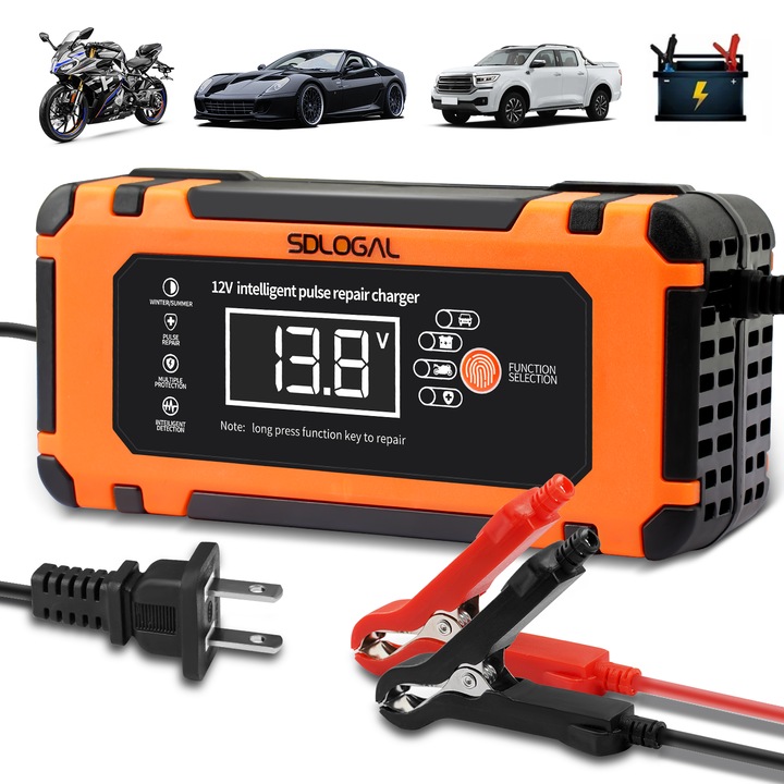 Intelligens akkumulátor egyenirányító, DEYKAY 10A 12V intelligens töltő, automata, LCD érintőképernyővel és 4 automatikus javítási móddal, teherautók, motorkerékpárok, csónakok ólomakkumulátoraihoz