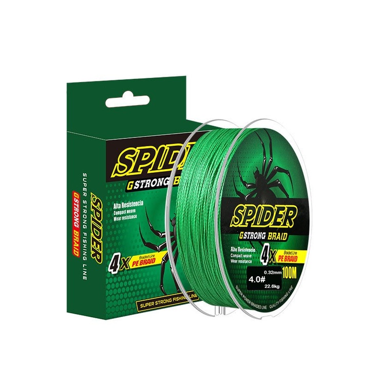 Fir textil impletit in 4 fire, linie PE impletita, rezistenta la abraziune, 22.6kg, 0.33mm, 100m, 4 impletituri, verde