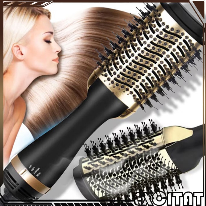 Perie electrica pentru volum cu aer cald 4 in 1, Excitat ®, 1000W, 4 viteze, ionizare negativa, uscare 360° si stilizare, protectie automata de oprire, Silentios, potrivit pentru orice lungime si tip de par, Negru si Aurit