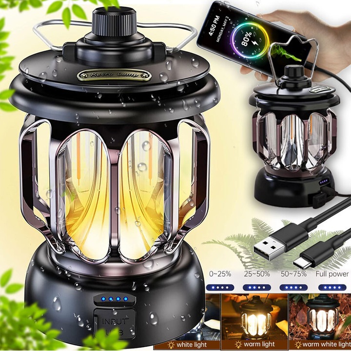 Преносима лампа тип фенер, EXCITAT®, регулируеми настройки на яркостта, топла жълта и бяла светлина, Type-C, водоустойчива, лесна за зареждане, дисплей за ниво на батерията, подходяща и за къмпинг, туризъм и пикници, черна