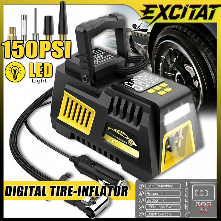 Compresor auto, ST08, Excitat ®, inflatie 150 PSI, 12V, display digital LED, Silentios, Lampa lucru, cu duza de umflare, lungime cablu 3.5m, Pompa Aer Electrica pentru Anvelope Masina Moto, Bicicleta, Minge, Negru