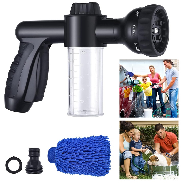 Lance spumare profesionala, Tensiune inalta, Conector reglabi, 8 moduri de pulverizare, 100 ml, ABS, cu manusa de spalare/accesorii irigare, Negru
