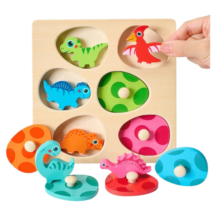 Puzzle lemn montessori 3+ ani, jucarie educationala pentru copii mici, puzzle dinozauri complexe, cadou pentru gradinita, AjieQaQ, jucarii din lemn pentru 3 ani, set oua si dinozauri stratificate, dezvoltare cognitiva copii prescolari