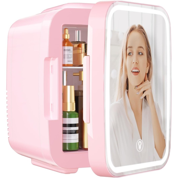 Frigider portabil pentru cosmetice, YASHE, mini frigider 4L, cu oglinda LED, racire si incalzire, 220V AC/12V DC, roz
