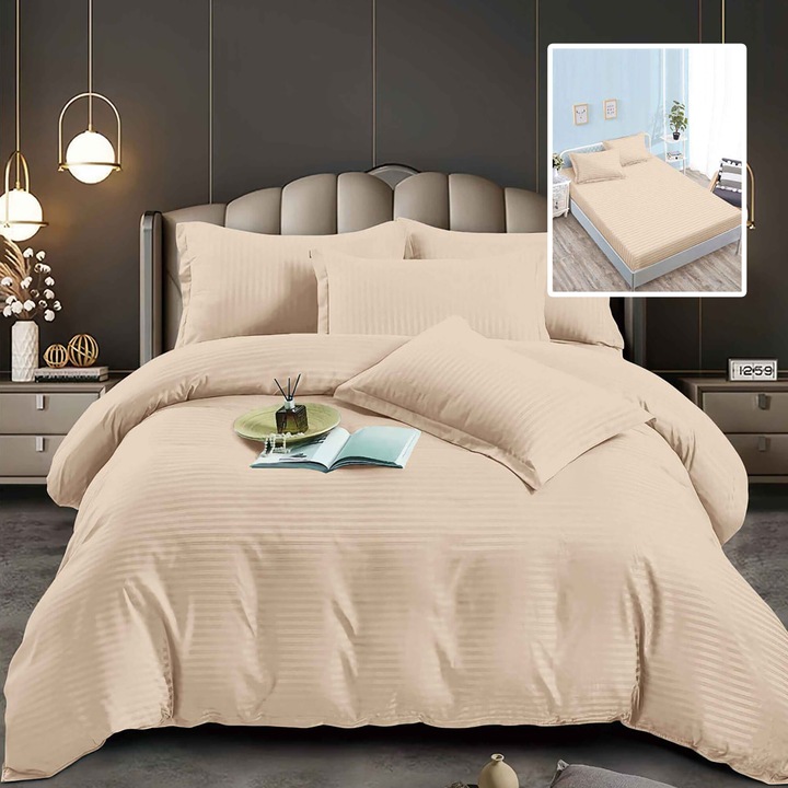 Спално бельо 6 части Damascus Polycotton, чаршаф 160x200 или 180x200 см, плик 200x230 см, калъфки за възглавници 50x70 см и 70x70 см, райе 1 см, бежов, (6DPH20)